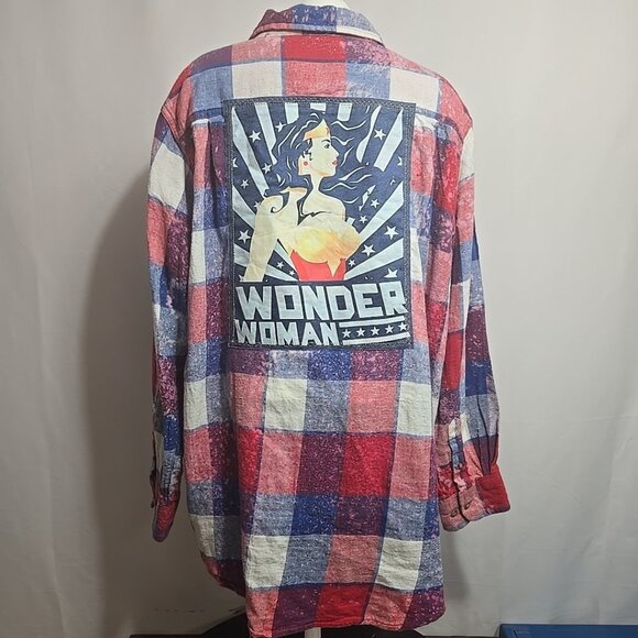 Angry Minnow Wonder Woman Flannel Shirt Adult Size XXL Red White Blue Bleach - Picture 1 of 9